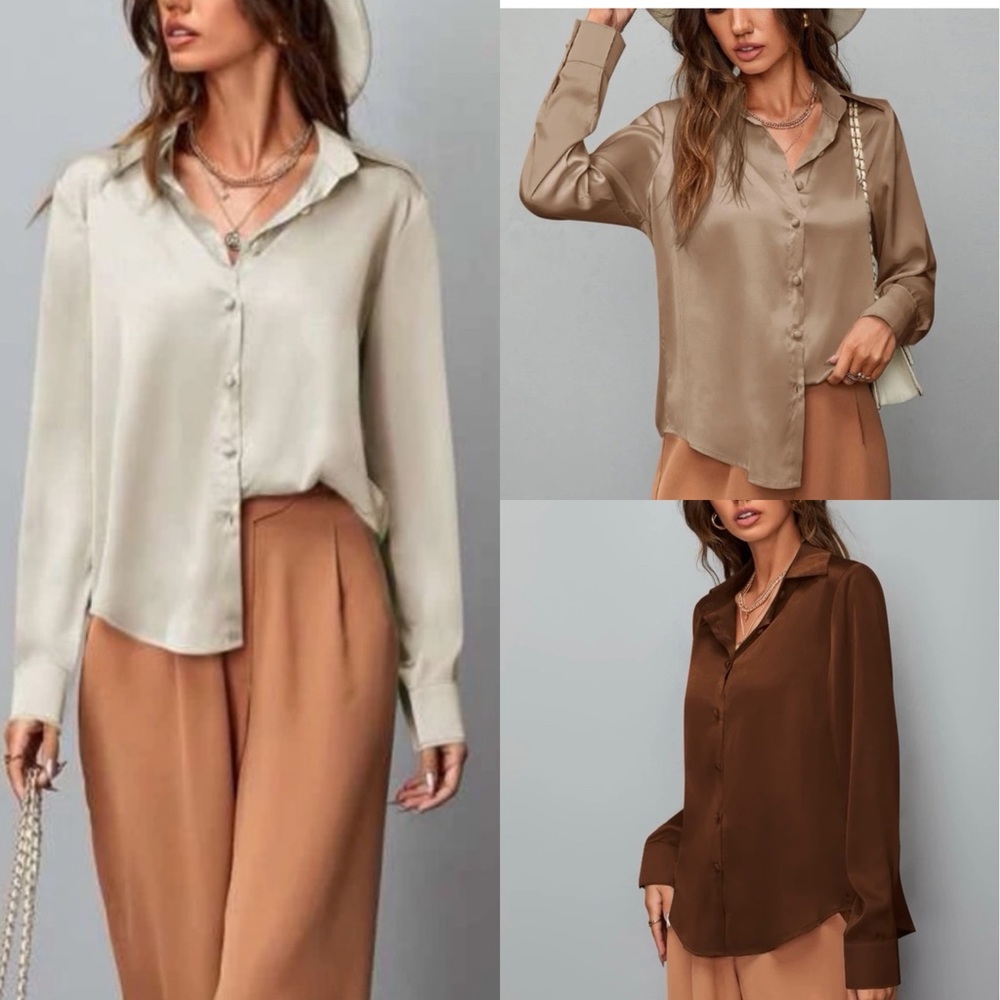 Elegant Women's Satin Blouse - Cream, Tan, Brown
